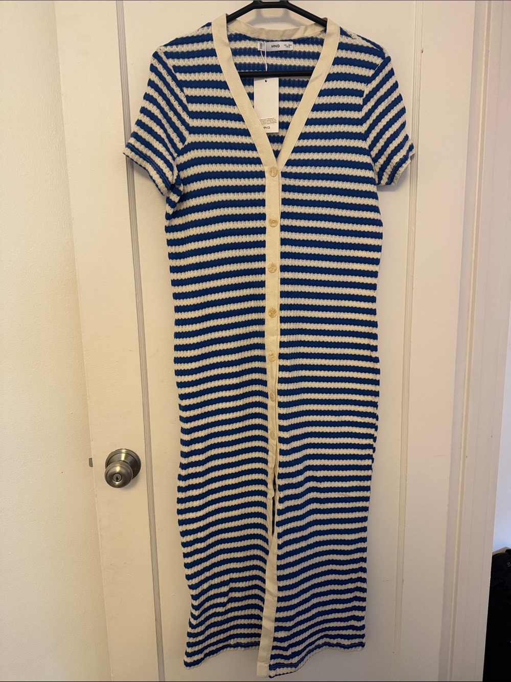 Mango Blue and Cream Striped Button-Front Maxi Dress